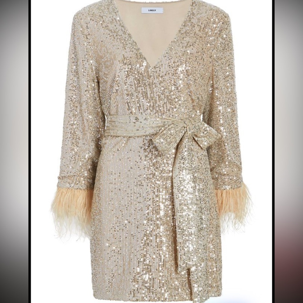New Likely Gold Sequin Mini Dress feather Lange size 2